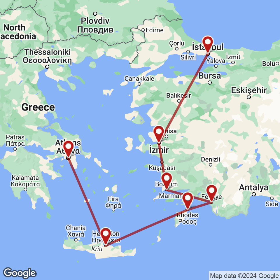 Route for Athens, Heraklion, Rhodes, Fethiye, Bodrum, Izmir, Istanbul tour